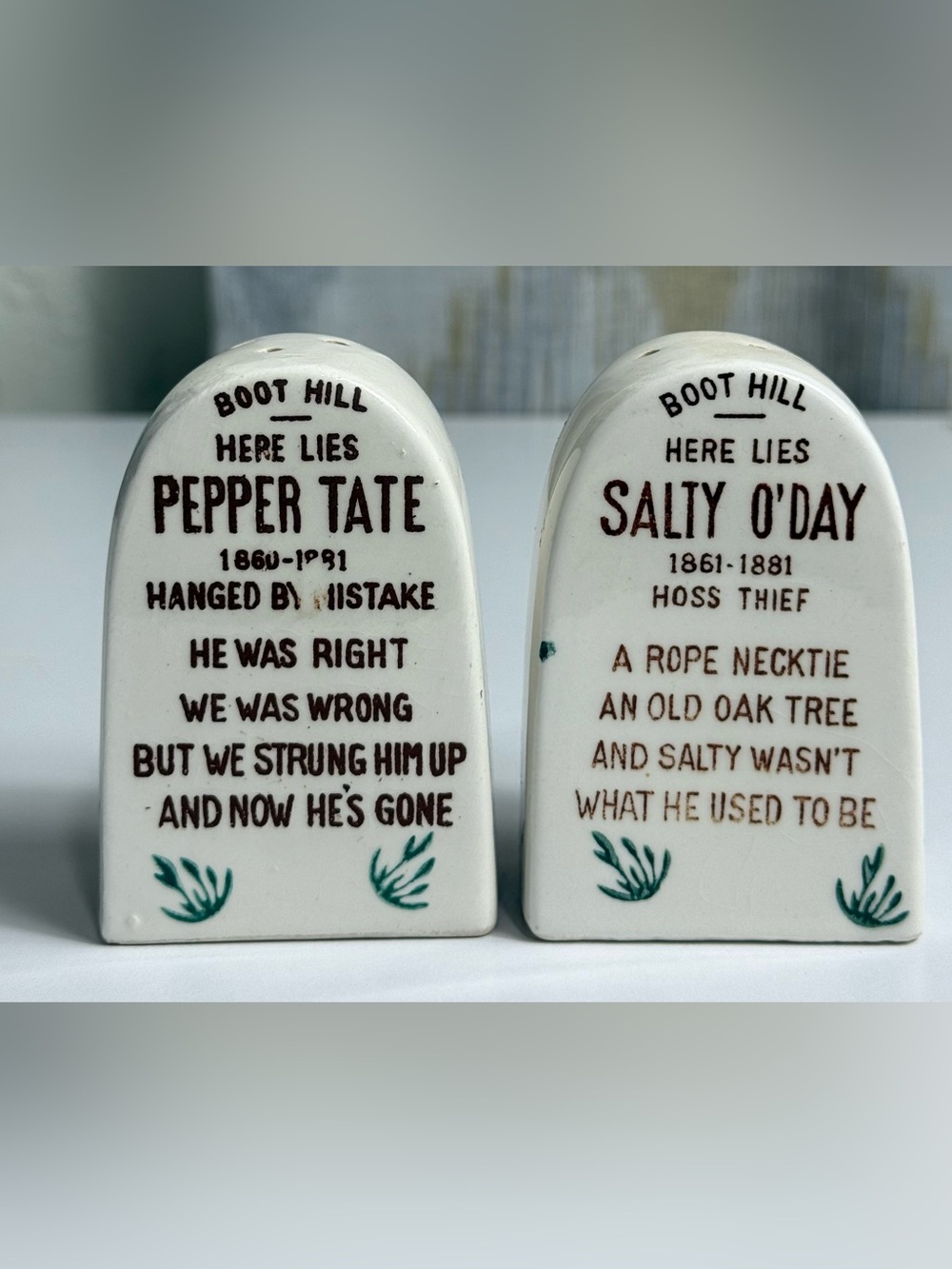 Vintage Tombstone Salt and Pepper Shakers - White with Green Accents